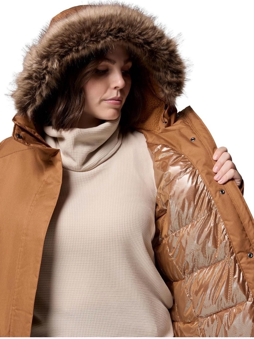 Columbia Women's Caramel Brown Hooded Puffer with Faux Fur Trim